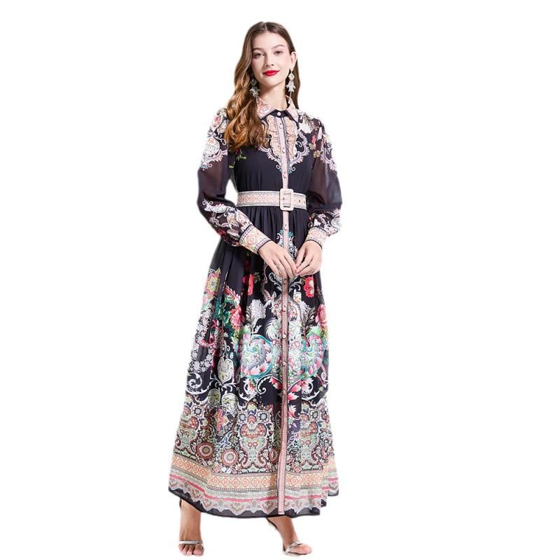 Original Design SS '25 Chiffon Blouse & Waist-Gathering Ruffle Long Dress Set with Collar Print, Long Sleeves.