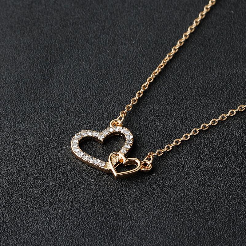 Funny Dazzling Double Crystal Heart Link Design Necklace Golden Silvery Valentine's Day Women Girls Jewelry Gift