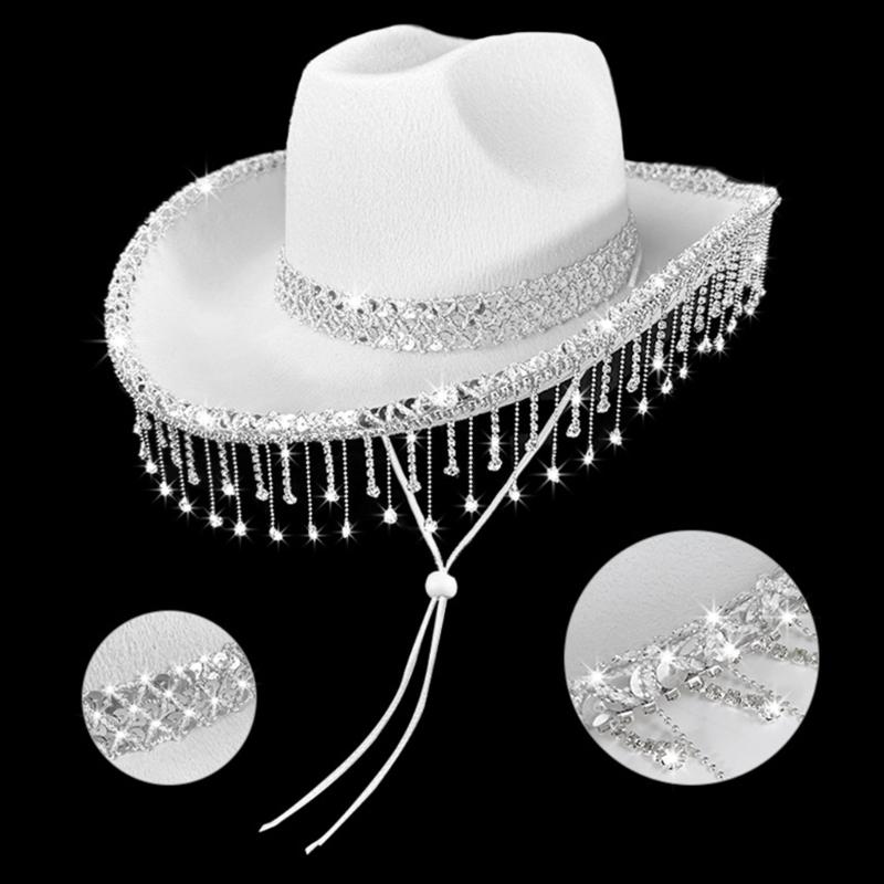 Elegant Bridal Rhinestones Cowboy Hats With Tassels Lace Design For Wedding Party Soft Fabric Panama Hat