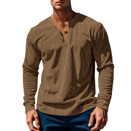 Men Long Sleeve T-Shirt Corduroy Solid Color Spring And Autumn T-Shirt Casual Henry Collar Slim Fit Tee for Daily Wear Travel Office