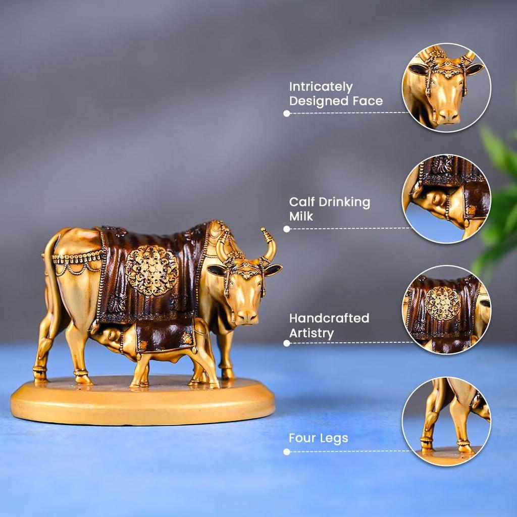 Handcrafted Kamdhenu Cow and Calf Statue Kamdhenu Cow with Calf Vastu Resin Fengshui Figurine for Car Dashboard Home Deocration Gifting Good Luck
