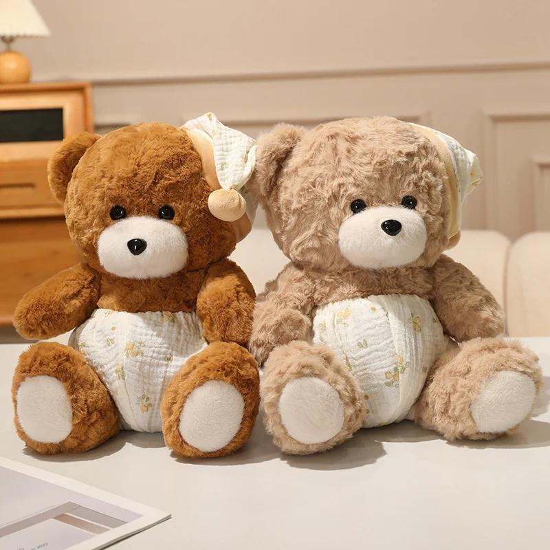 Brown Bear Plush Toy With Sleeping Cap Curly Fur Soft Fluffy Stuffed Animal Doll For Bedroom Home Decor Gift Collection Girl