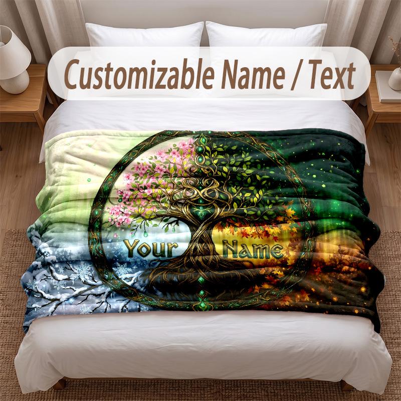 Tree of Life Theme Soft Blanket Personalized Custom Name Text Print Warm Blanket Home Sofa Bedroom Decor