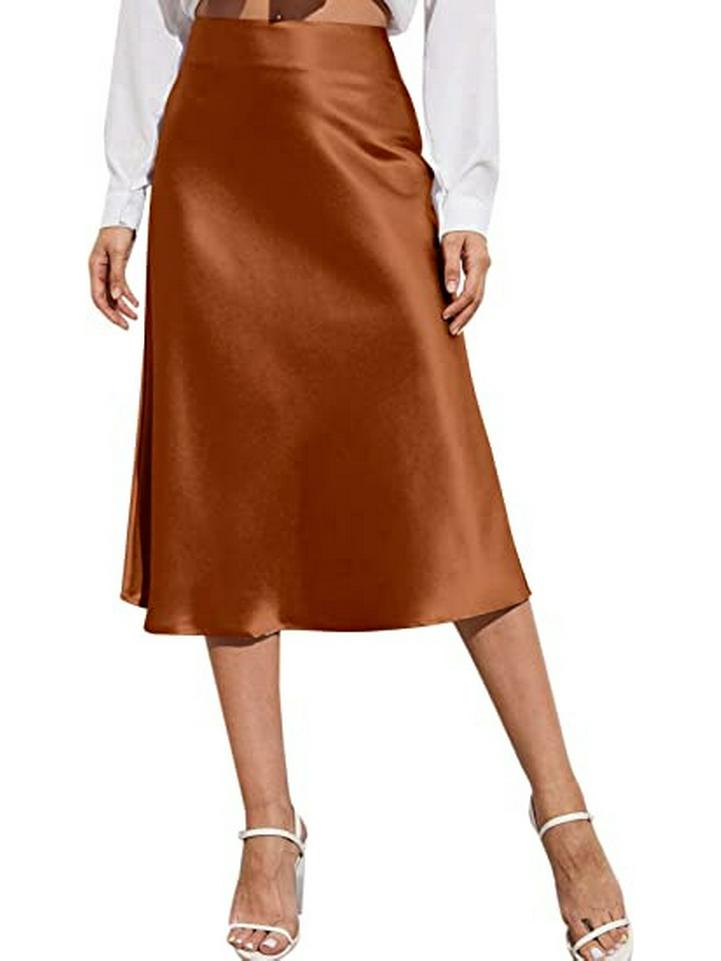 Women's High-Waist Satin Midi Skirt - Elegant Solid Color with Zipper