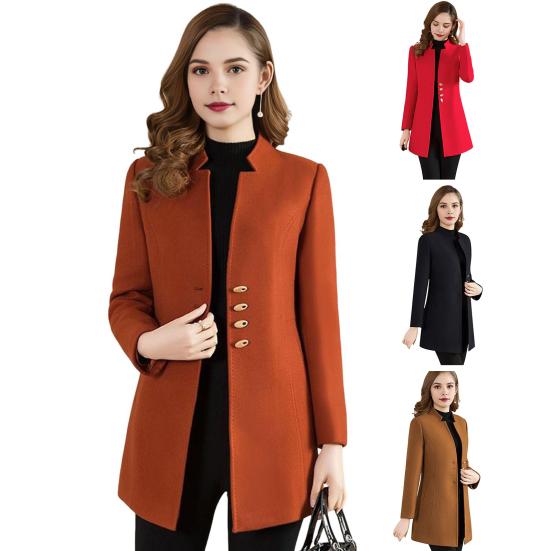 Women Winter Coat Formal Business Style Stand Collar Single-breasted Mid Length Slim Fit OL Commuting Jacket Solid Color Thick Outerwear