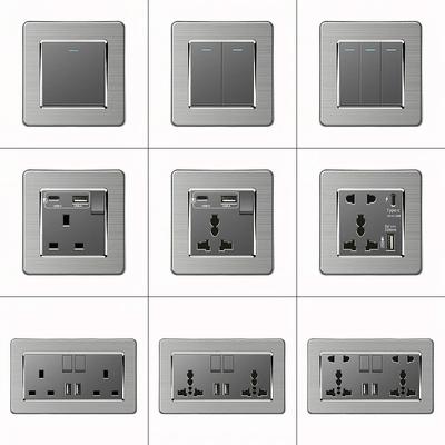 Grauer Edelstahl Metall Uk 13A Wand 220V Lichtschalter mit Steckdose, Intelligente Typ-c Schnelllade Wand-USB-C-Steckdose