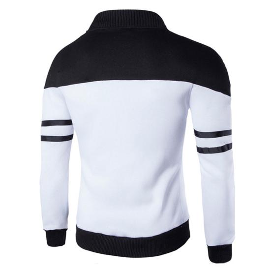 Men Autumn Coat Colors Matching Color Block Long Sleeves Elastic Cuff Anti-pilling Stand Collar Zipper Cardigan Striped Fall Jacket for Home