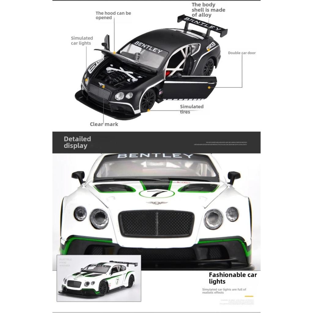 1/24 Bentley Continental GT3 High Simulation Diecast Metal Alloy Model Car Sound Light Pull Back Collection Kids Toy F501