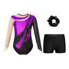 Girls Dance Long Sleeve Round Neck Leotard Patchwork Cutout Back with Shorts Hair Tie Headwear Set