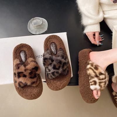 Thick-soled Fluffy Slippers Women's Shoes 2025 Autumn and Winter New Large-size Double-striped Open-toed Velvet Cotton Slippers