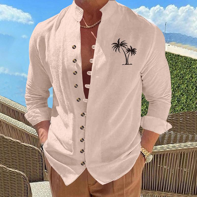 Coconut Tree Casual Printed Vintage Stand Collar Long-Sleeved Button-Down Men's Shirt