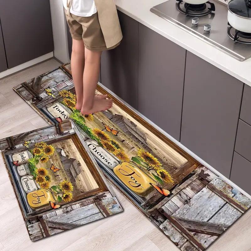 Foldable Kitchen Mat with Non-Slip Backing, Waterproof Polyester Floor Rug for Sink Area & Counter Floral Print