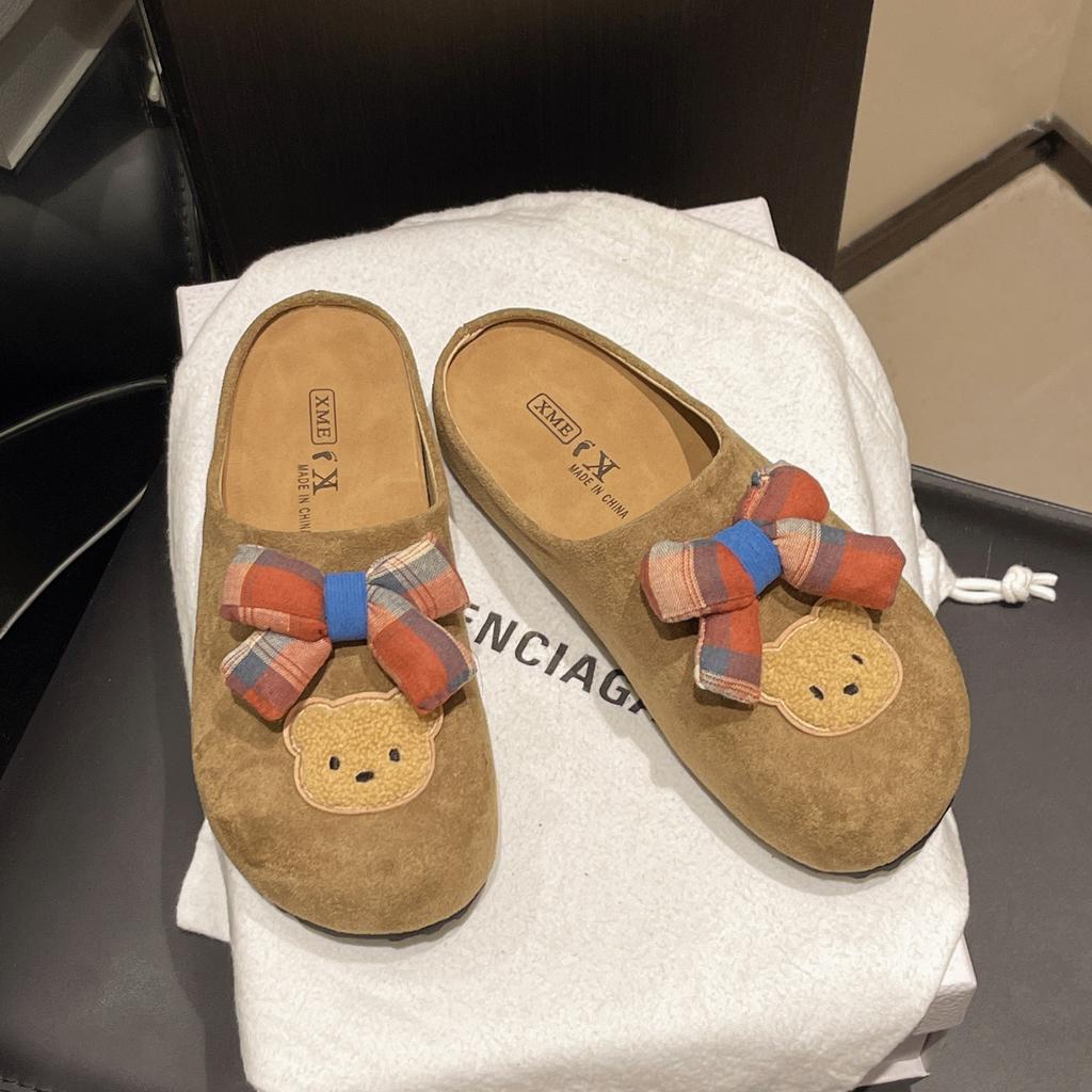 Autumn and winter fluffy shoes women's shoes women's one-word drag cute bear cartoon platform outdoor velvet thermal casual flat slippers