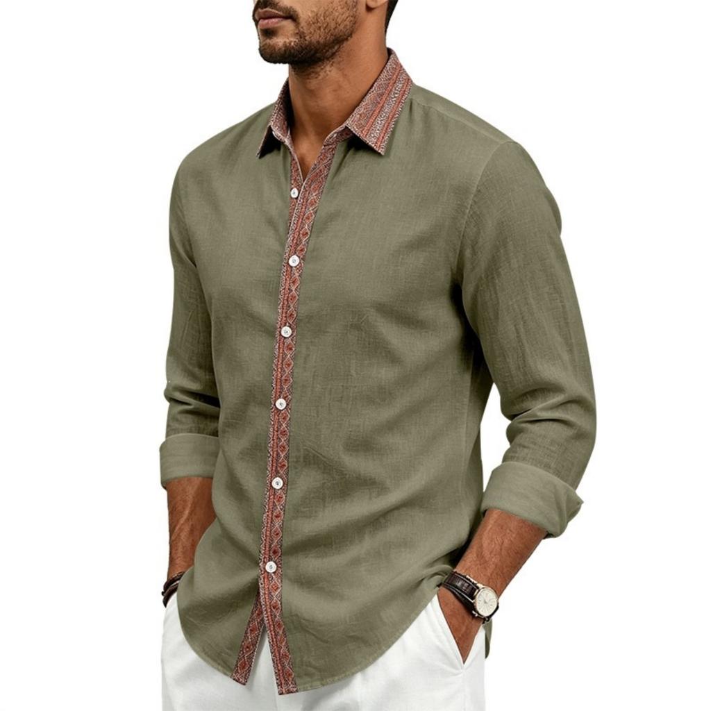 Camicia da uomo a maniche lunghe in lino con abbottonatura e colletto