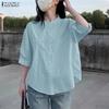 Women Casual Stand Collar Solid Color Half Sleeve Blouse
