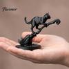 3D Printed Cat Statue Black on Witch Broom Figurine, Broomstick Statue, Halloween Decorative Sculpture Tabletop Ornament for Tiered Tray, Desk, Table