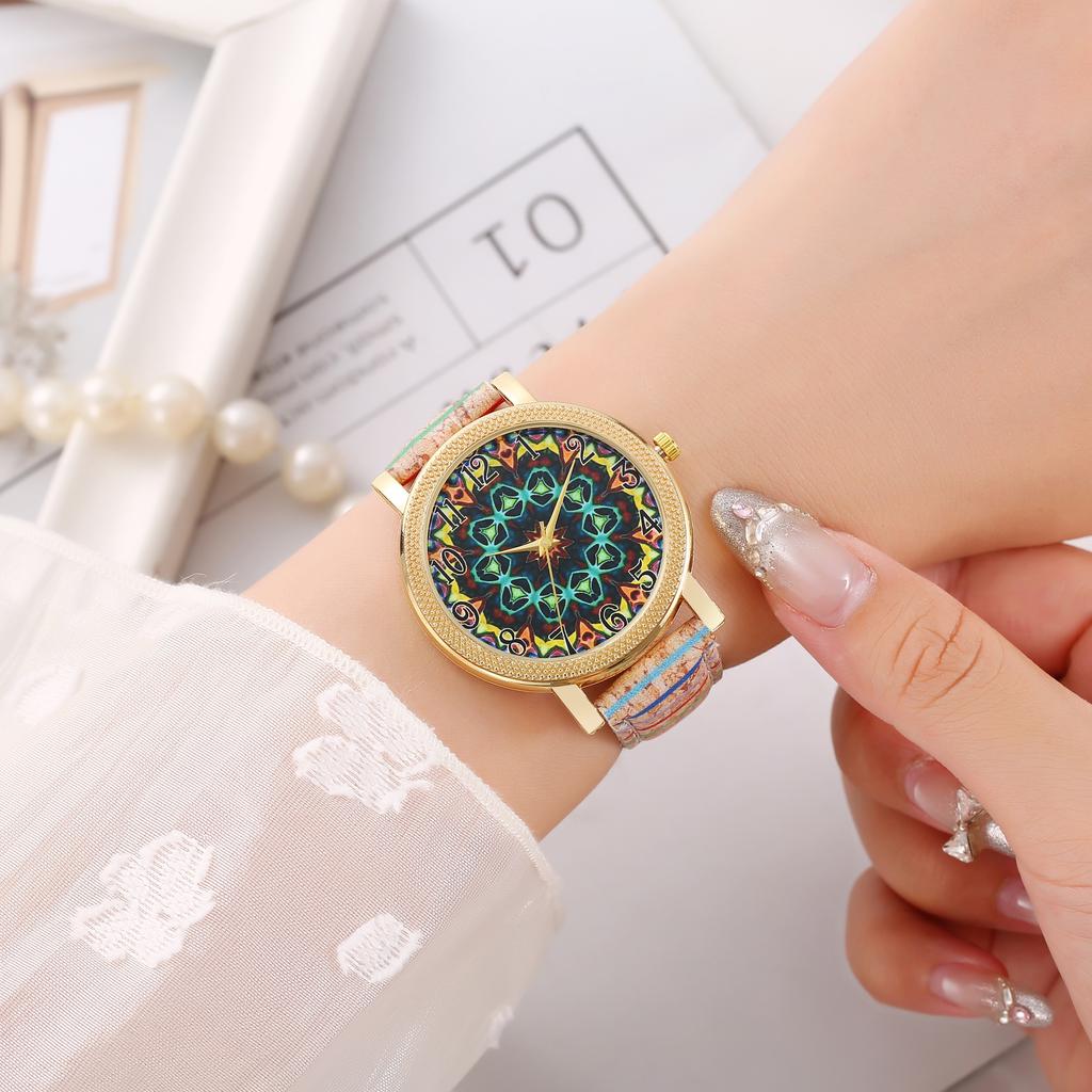 New women's watches student wrist watches wood grain turntable retro stripe leather strap ethnic style watches