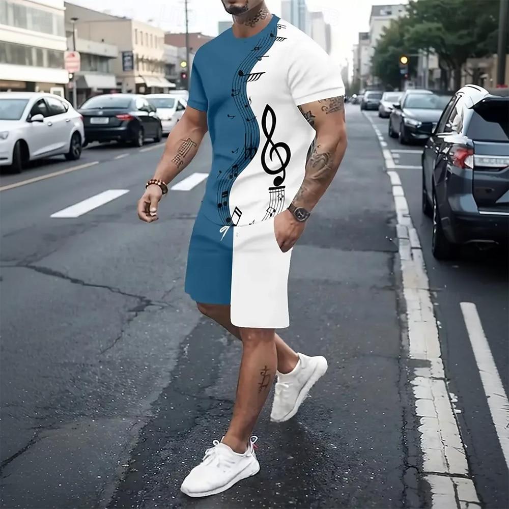 Men's Music 2pcs Tees Sets Short Sleeve Short Pants Crew Neck Sport Casual Daily Vacation Sport Daily 3D Print Summer Blue White