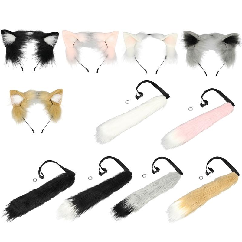 Lovely Plush Tail Animal Tail Cats Ears Headband Foxes Tail Adjustable Belt for Halloween Christmas Carnivals Party