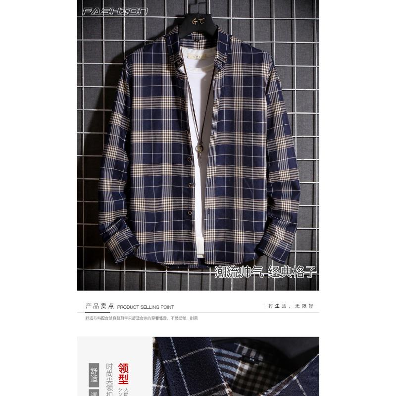 Men Fashion Plaid Long Sleeve Loose Casual Stand Collar Shirt