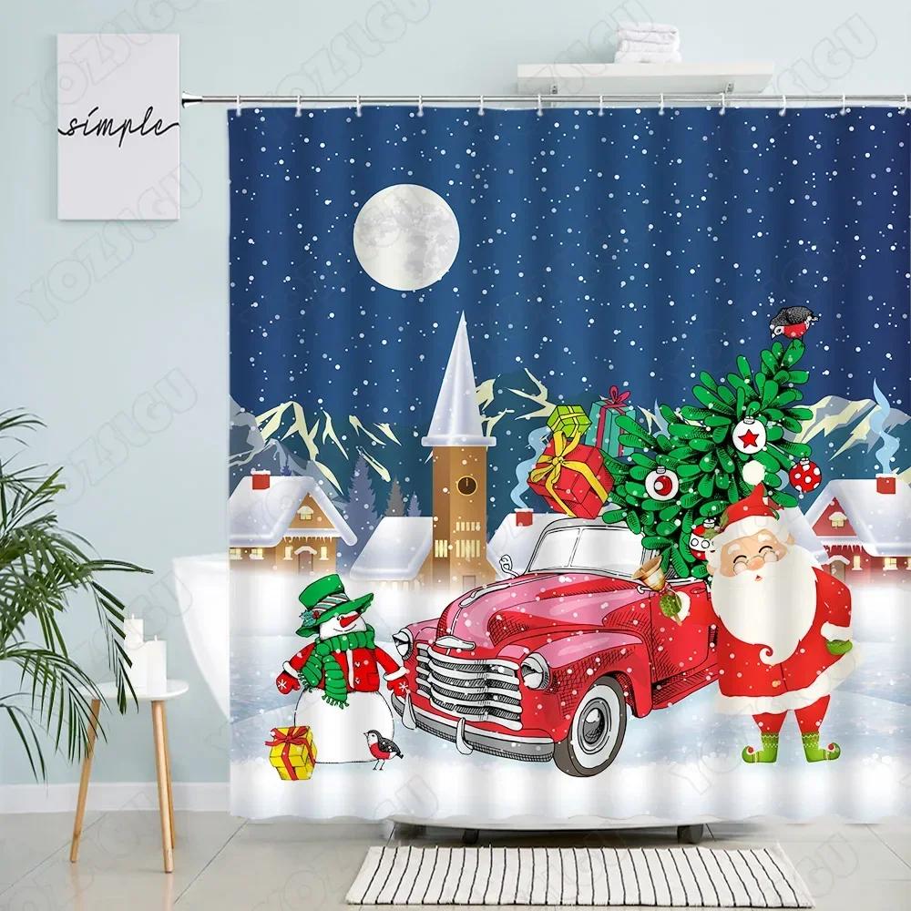 Christmas Shower Curtains Funny Santa Clause Elk Red Truck Moon Winter Landscape New Year Fabric Bathroom Decor Bath Curtain Set