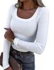 Women's U Neck Long Sleeve Tee Slim Fit Casual Ribbed Knit Solid Color Spring Basic Top