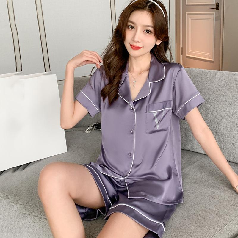 1011 new ins style pajamas women's summer simulated silk short-sleeved cardigan set live broadcast popular loose loungewear