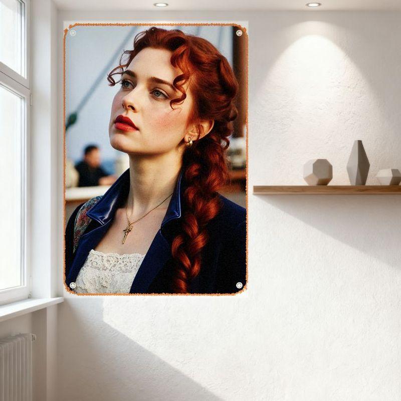 Long Red Hair Braided Curls Woman Tin Sign Vintage Metal Poster Dark Blue Jacket White Lace Top Red Lipstick Blush for Home Cafe