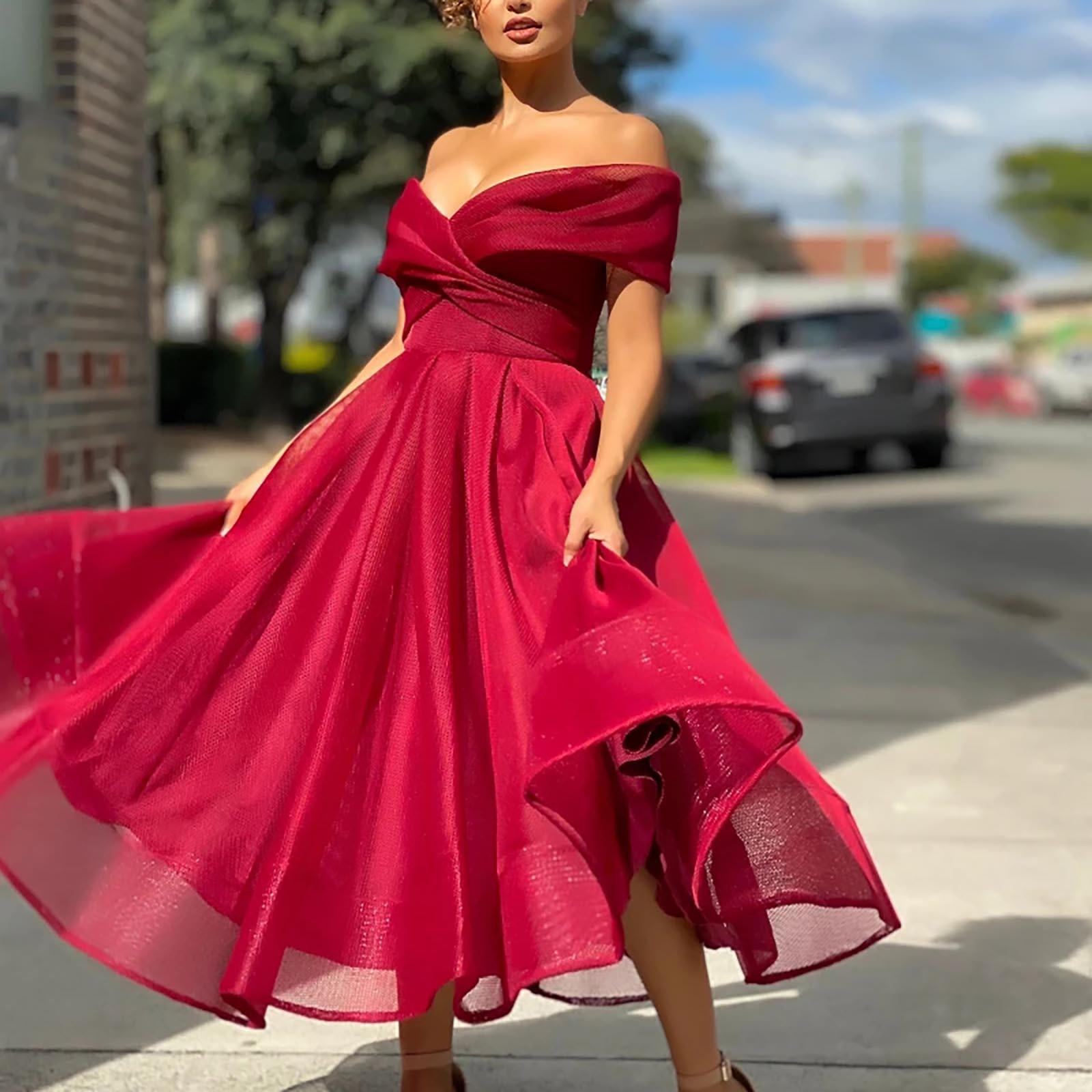 

Women s Fashion Sexy Sleeve Slim Fit Irregular Splicing Color Dress M красный