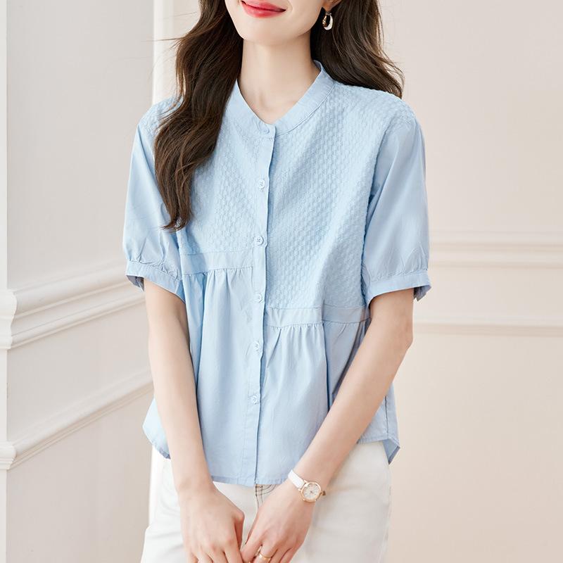 Splicing White Shirt Women's Five-quarter Sleeve Summer Dress New Cotton Top Round Neck Loose Shirt