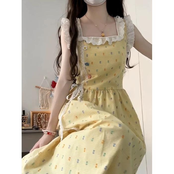 

Gentle wind French polka dot sleeveless dress women s new summer waist thin sweet first love dress children XL жовтий