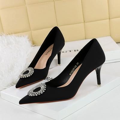 Fashion European American Fashionable Shallow Mouth High Heel Shoes Rhinestone Round Buckle Single Shoes Pointed Toe Thin Heel Shoes
