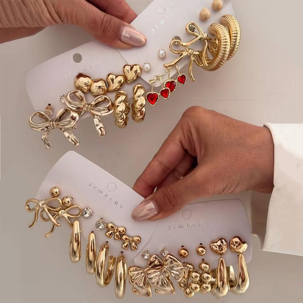 

46 Pcs Fashion Creative Gold Plated Earrings Set for Women Vintage Pearl Zircon Bow Knot Heart Red Cherry Twist C-Shaped Earring