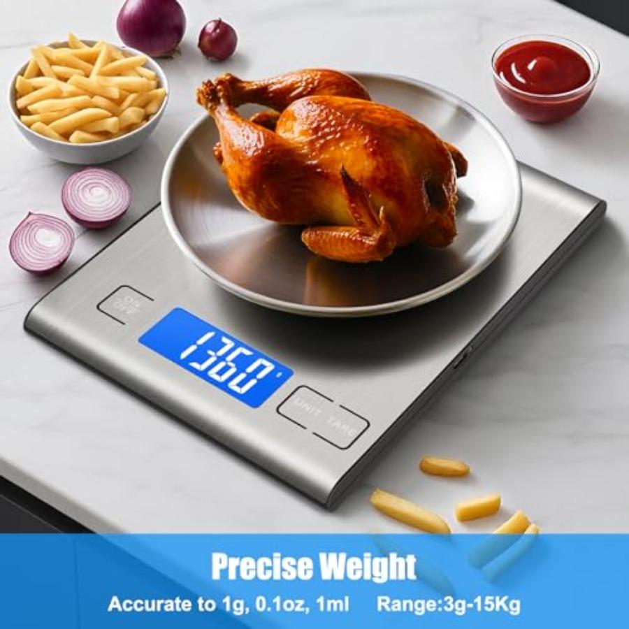 33lb Rechargeable Food Scale 304 Stainless Steel Digital Kitchen Scale with 3 Buttons Weight Grams and Ounces for Baking Cookin
