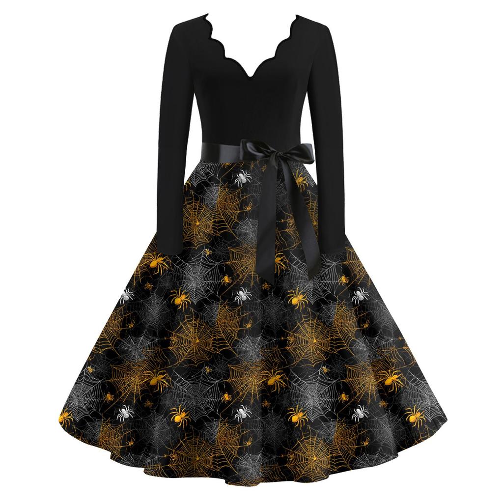 Damen Casual Fashion Langarm Halloween Grafik bedruckt Vintage Lange Kleider