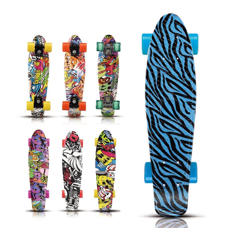 22" Beginner Adult Skateboard with Plastic Deck, Single Kick, and Water Transfer Design for Street Cruising.
