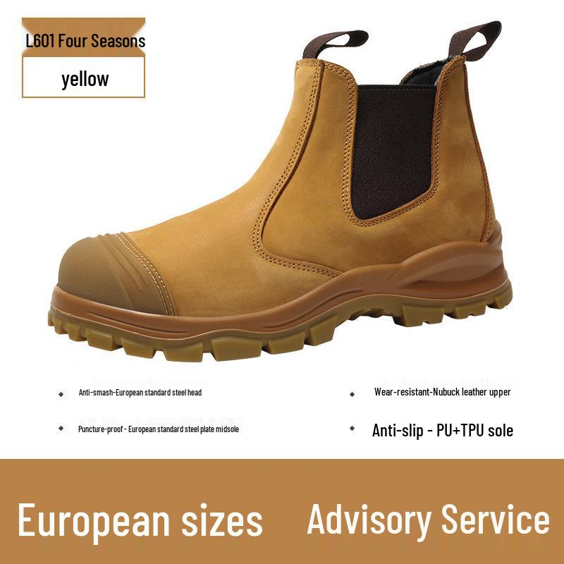 Men s Mid-top European Standard Safety Chelsea Boots: Anti-smash, Anti-puncture, Durable, Slip-on, First Layer Cowhide. L601~ Wheat Color (First Layer Cowhide); EU 46