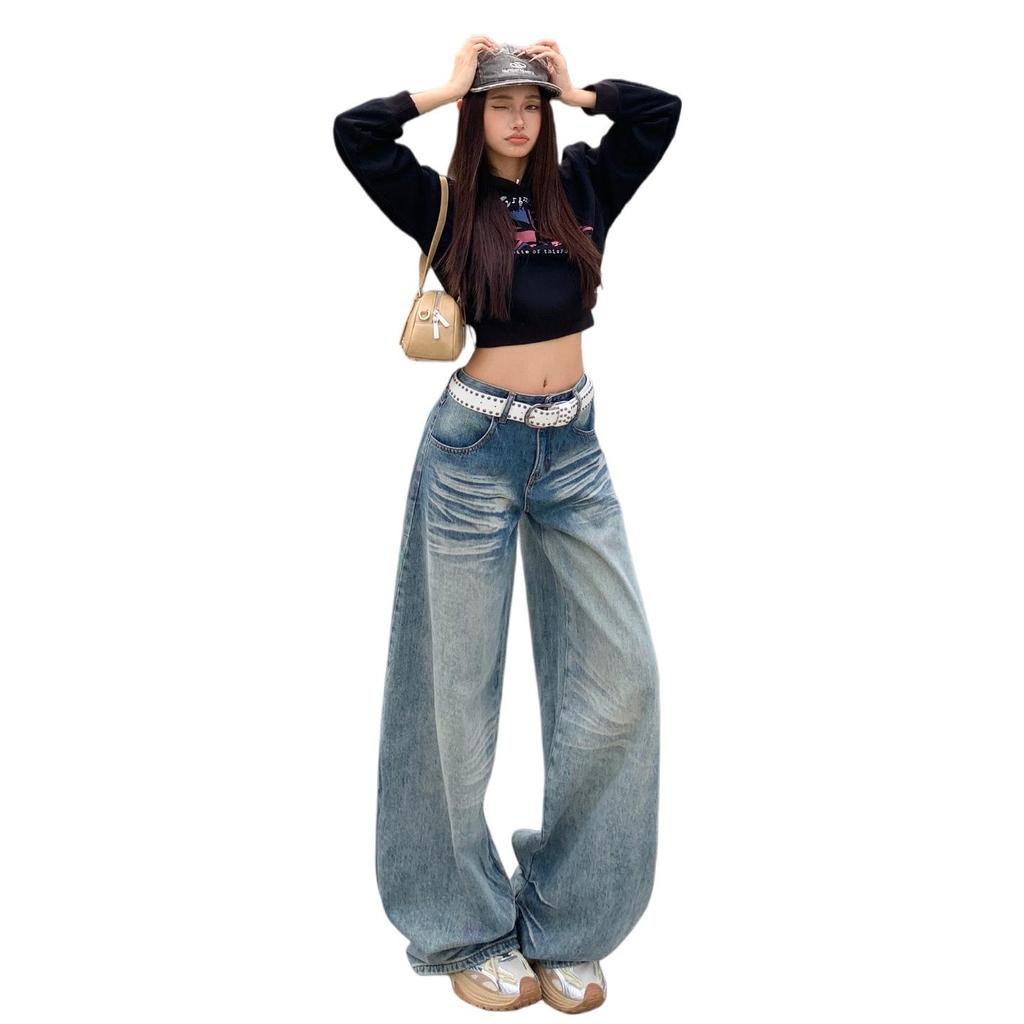 2025 Autumn Women's Loose Wide-Leg Stacked Hem Trendy Banana Jeans