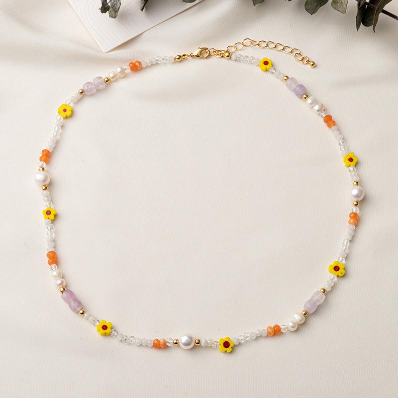 GEMCHIC Women s Fashion Natural Stone Flower Beaded Pearl Collarbone Necklace золотой