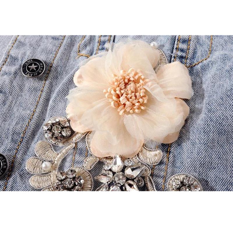 Podzimní dámská džínová bunda kabát s dlouhým rukávem volný trojrozměrný knoflík perly svrchní oděv roztrhaná džínová bunda