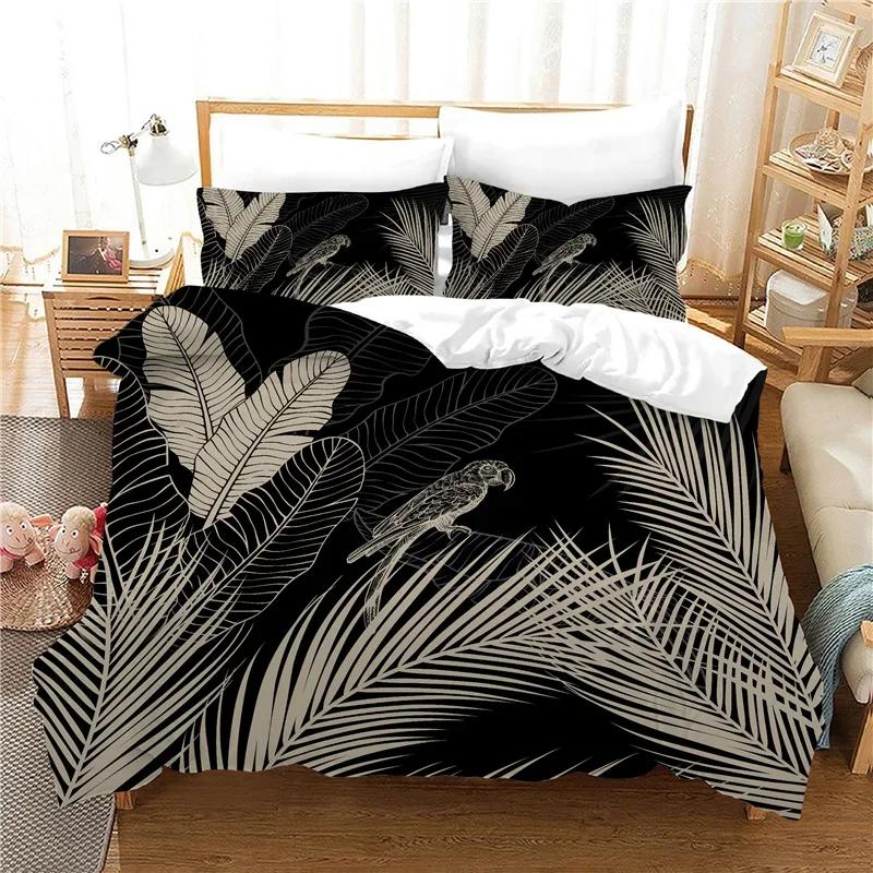 Comforter Print Leaves Bird Feathers Bed Sets Queen Size 100% Polyester Bedclothes 3Pcs Whole Set Peacock Bedding Set Bedroom