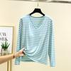 V-neck Modal With Chest Pad T-shirt Women's Spring Inner wear Long sleeve Stripe Bottoming Shirt Thin Casual Plus size Loose Top