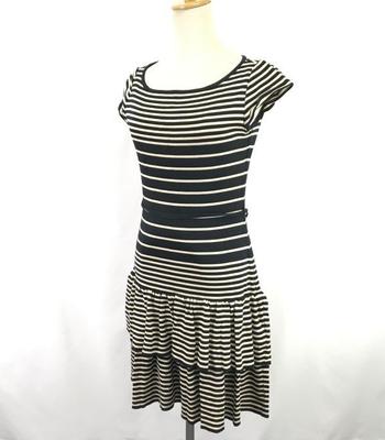 Made In Japan Rene Frill Mini Dress S 36 Short Sleeve Black×Beige Striped Stretch(USED)