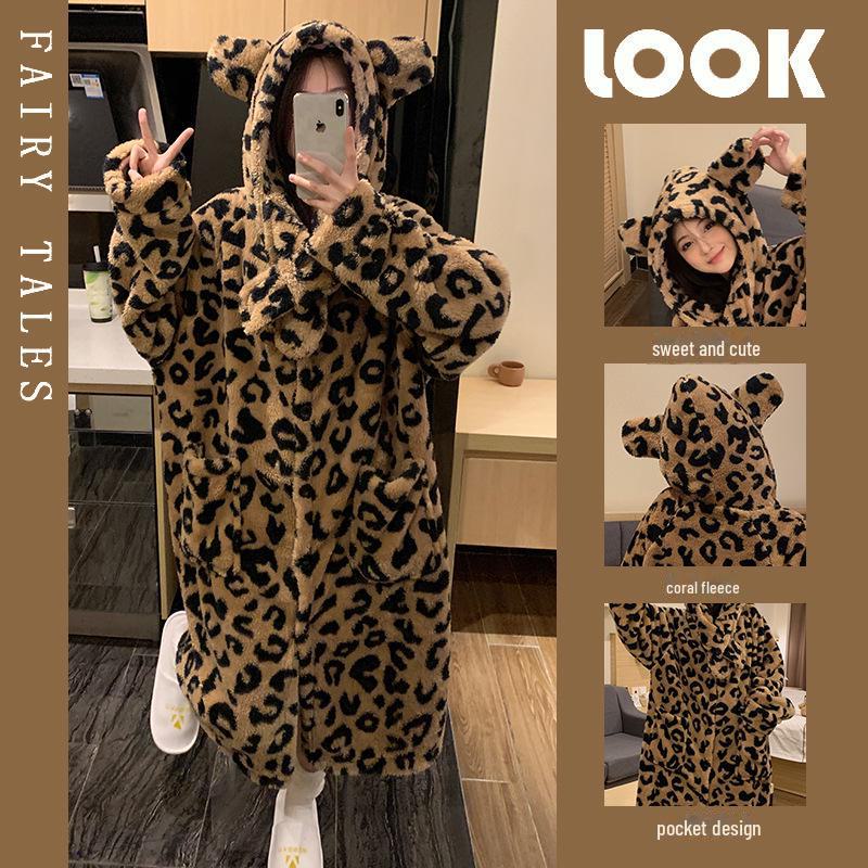 Women's Winter Leopard Print Fleece Pajama Set with Hooded Nightgown and Pants
