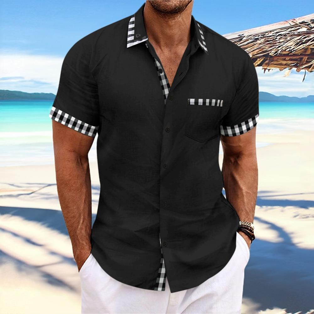 Summer New European and American Men's Beach Casual Pocket Patchwork Lapel Short Sleeved Shirt