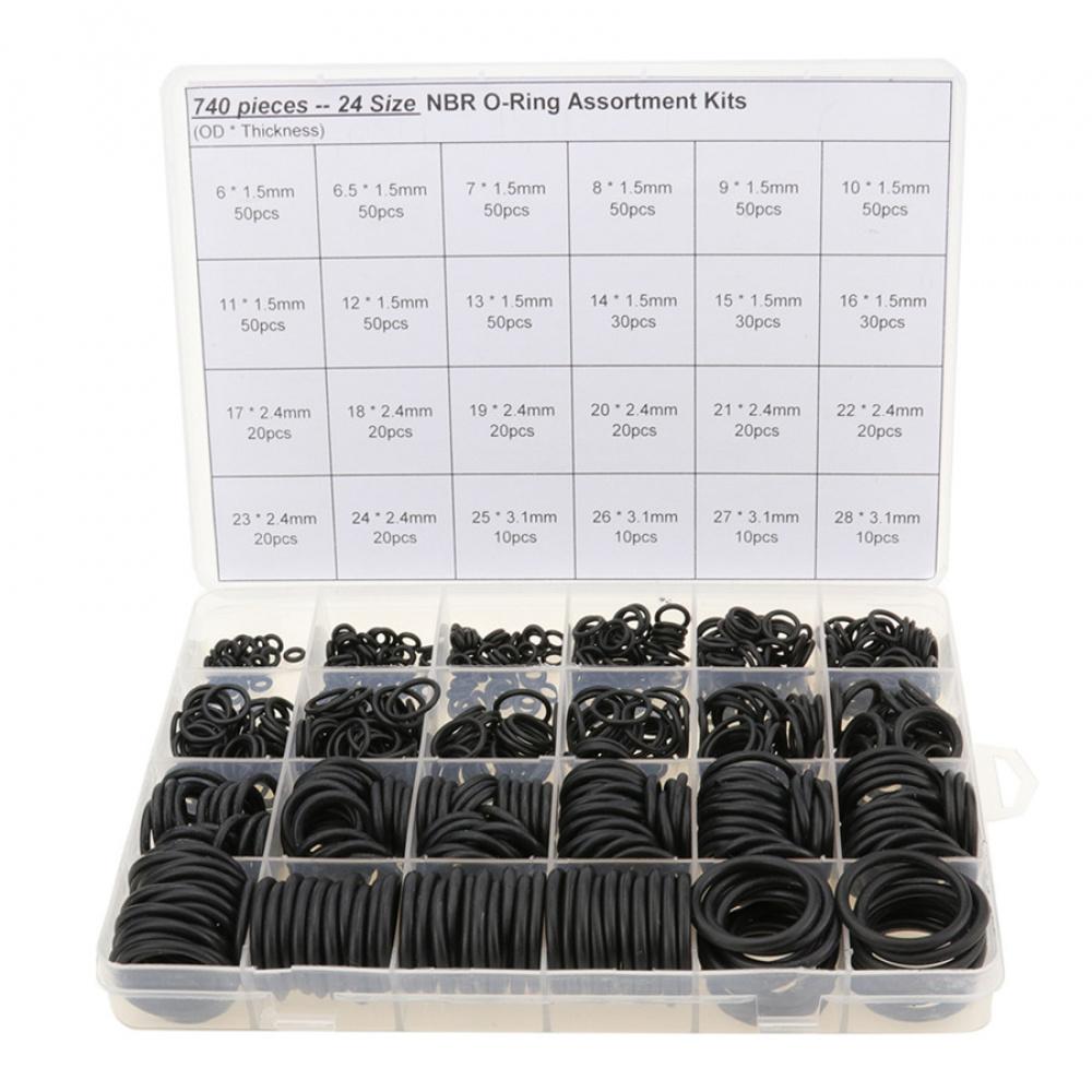 Universal set of gaskets-O-rings made of nitrile rubber 740 pcs. for car air conditioning repair, thickness 1.5 mm, 2.4 mm, 3.1 mm, black color