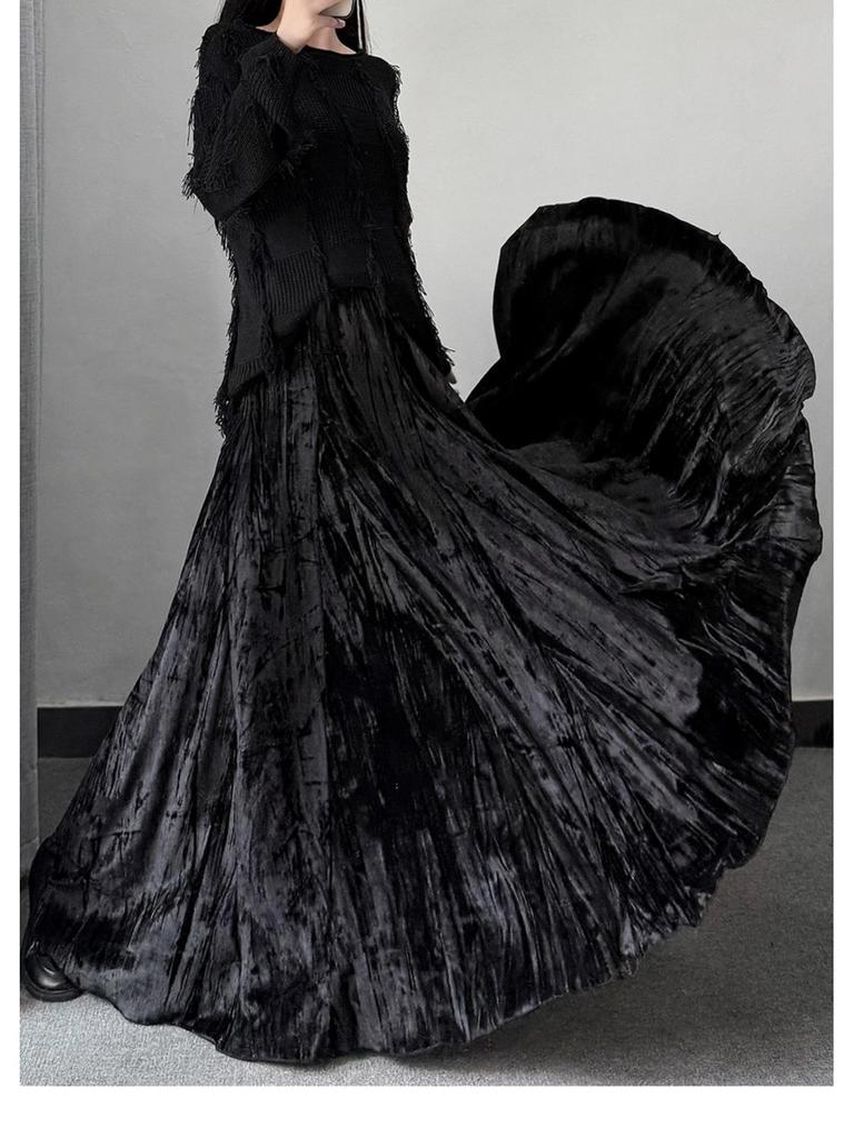 Chinese Style Velvet High-Waisted Ankle-Length Skirt for Autumn/Winter