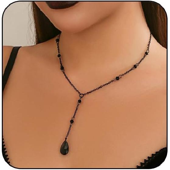 Gothic Red Black Necklace for Women,Goth Choker Vampire Blood Drop Necklace,Punk Black Red Crystal Bead Dark Teardrop Y Necklaces Halloween Jewelry