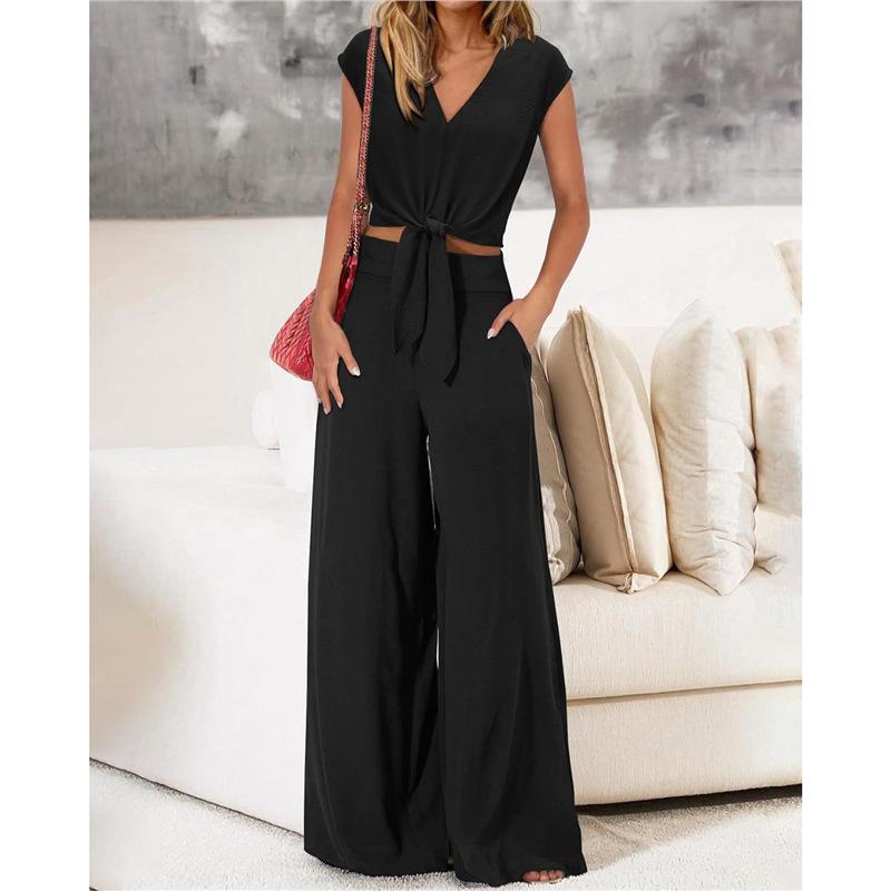 Spot 1116 Summer European and American Women's Clothing V-neck Lace-up Open-button Top High-waisted Wide-leg Pants Two-piece Set