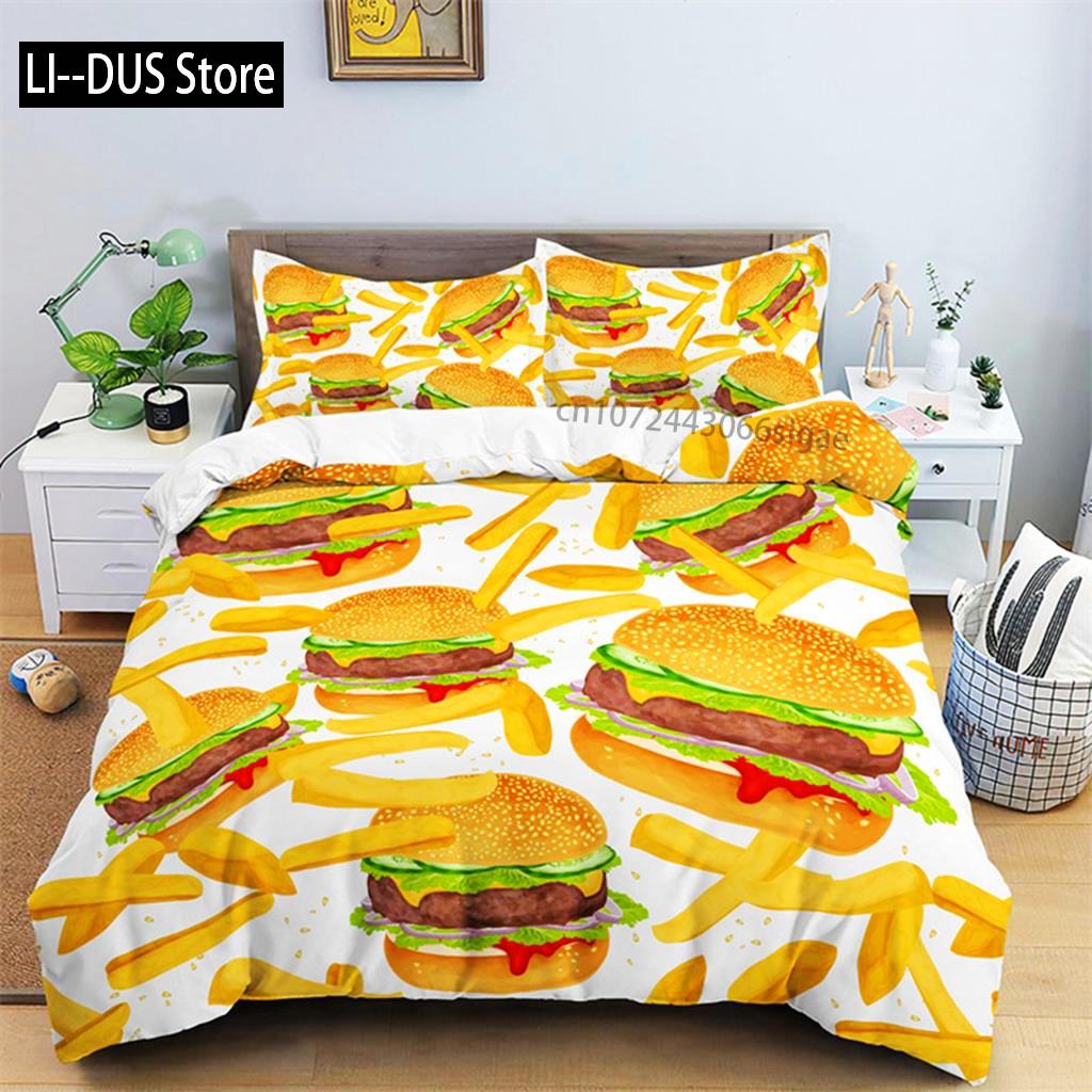 Zestaw pościeli Hamburger Wzór przekąsek Poszwa na kołdrę Twin King Dla dzieci Dorosłych Dekor Mikrofibra 3D Poszwa na kołdrę z pączkiem z poszewkami na poduszki